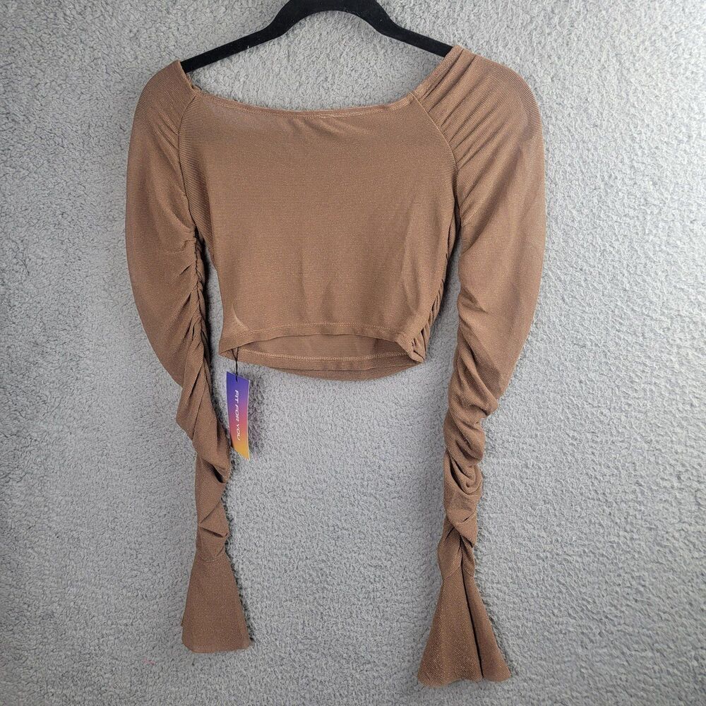 Cropped Mesh Top Long Ruched Bell Sleeves Brown Metallic Shimmer Korean Small - Picture 4 of 12